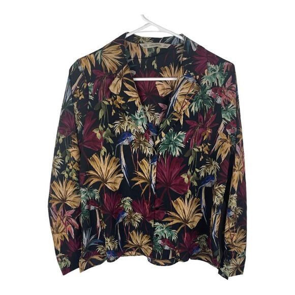 Zara  Black Red Green Tan Leaves Button Up Blouse Sixe XS - Picture 1 of 6
